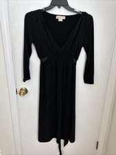 Michael Kors Women's Long Sleeve Black Dress V-Neck Half Silk Tie Waist Sz M