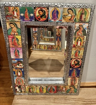 Mexican Artisan Tin Mirror With Virgen De Guadalupe  Tiles  12.8 W X 16.8 H ***