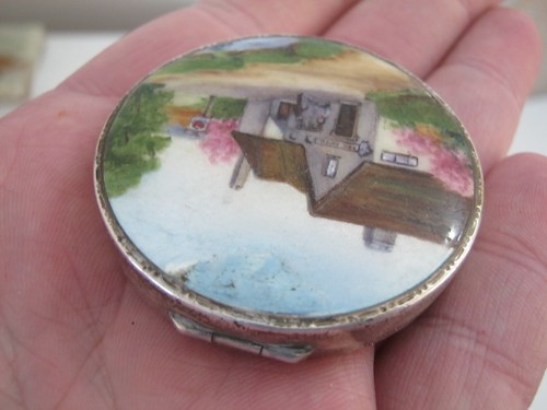 Birmingham 1926 Sterling Silver & Enamel Compact Box Hand Painted Village Scene - Picture 3 of 7