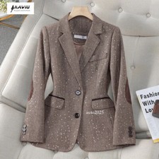 Women's Sequins Plaid Blazer Jacket Office Lady Work Coat Tops Gray Suit Jackets
