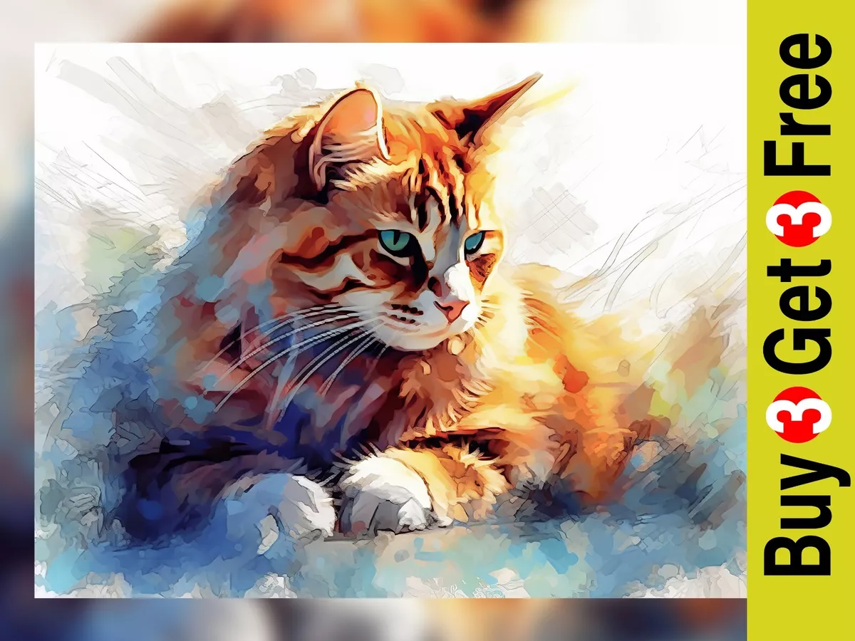 Graceful Charm: Ginger Cat Oil Painting Print - Wall Art for Cat Lovers  5x7