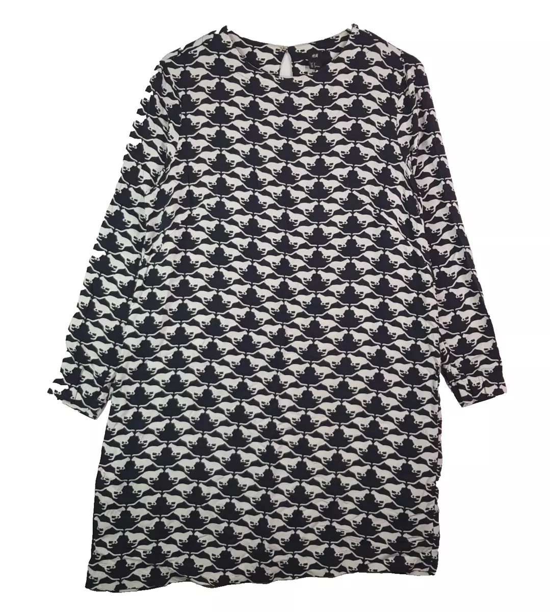 H M Cat Dress Womens Size 8 Black White Long Sleeve Relaxed Straight Above Knee
