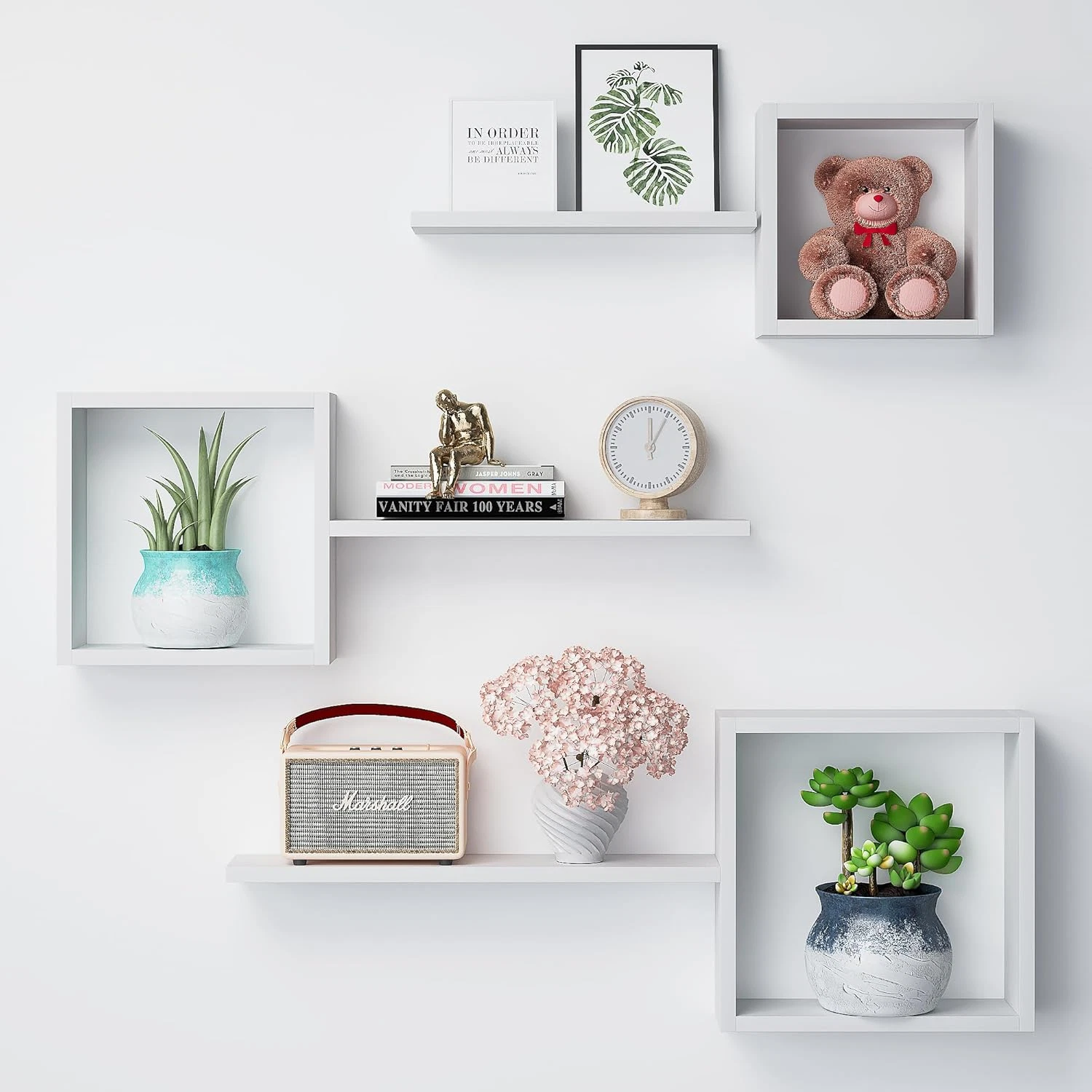 Set of 6 Geometric Pine Wood Floating Shelves for Wall Decor - White Cube Shelve