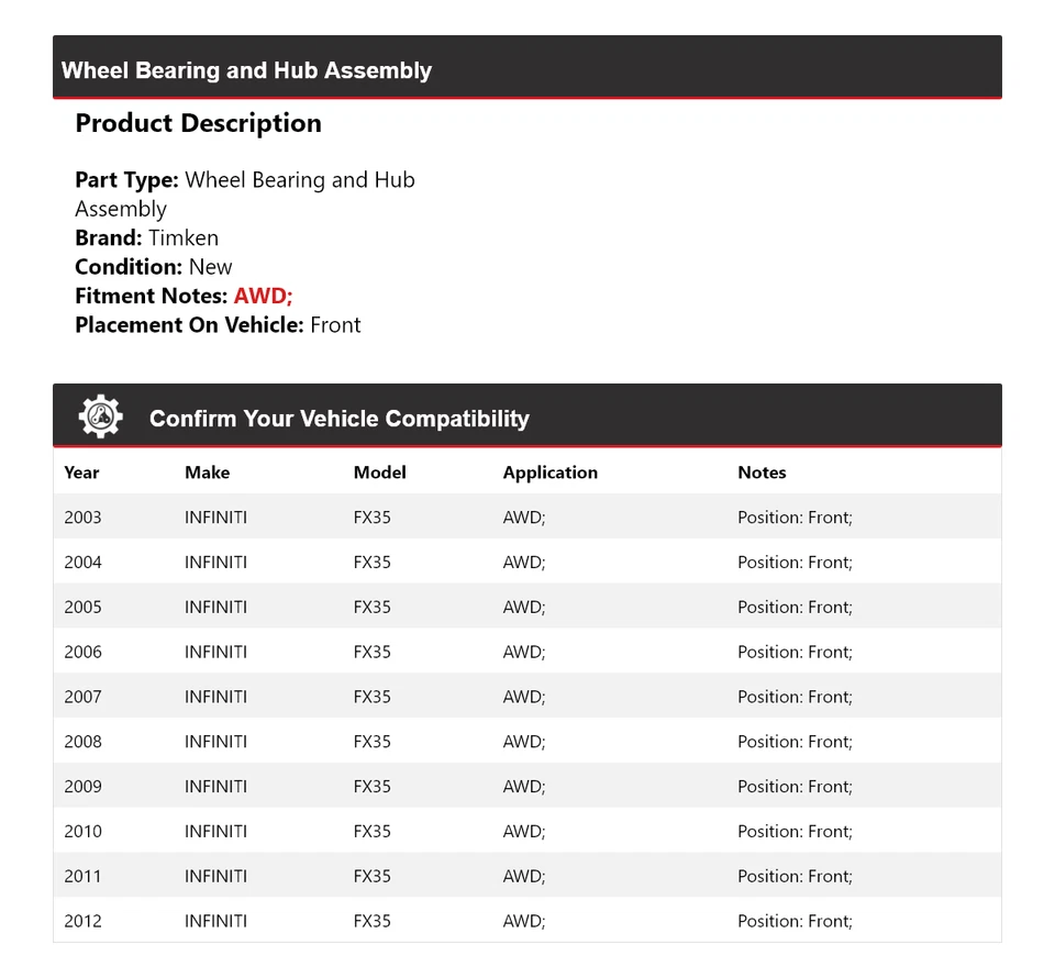 Conjunto de cojinete de rueda y buje delantero Timken 2004 para Infiniti FX35 AWD 2003-2012 Foto 2 de 4