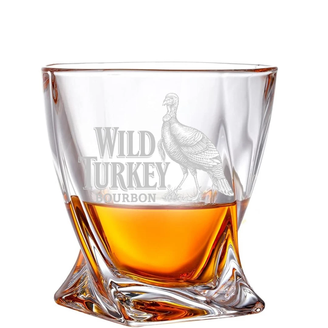 Engraved Wild Turkey Bourbon Whiskey Glass Twisted Rocks Glass