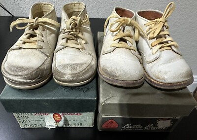 Buster Brown Red Goose Antique Vintage Leather Shoes White With Original  Boxes