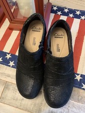 CLARK  S Women's Loafers Shoes Black Side Zipper Metallic Fabric Soft Cushion 6 M