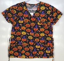 Halloween Scrub Top womens size M Medium Jack-O-Lanterns Pumpkins Candy NWT