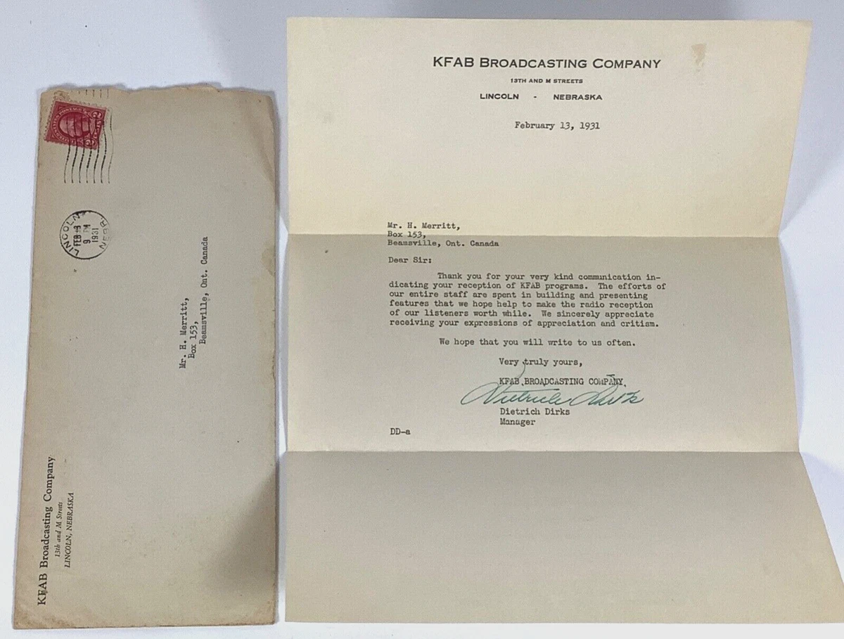 1931 Radio Station KFAB Broadcasting Comp. Lincoln Nebraska Signed