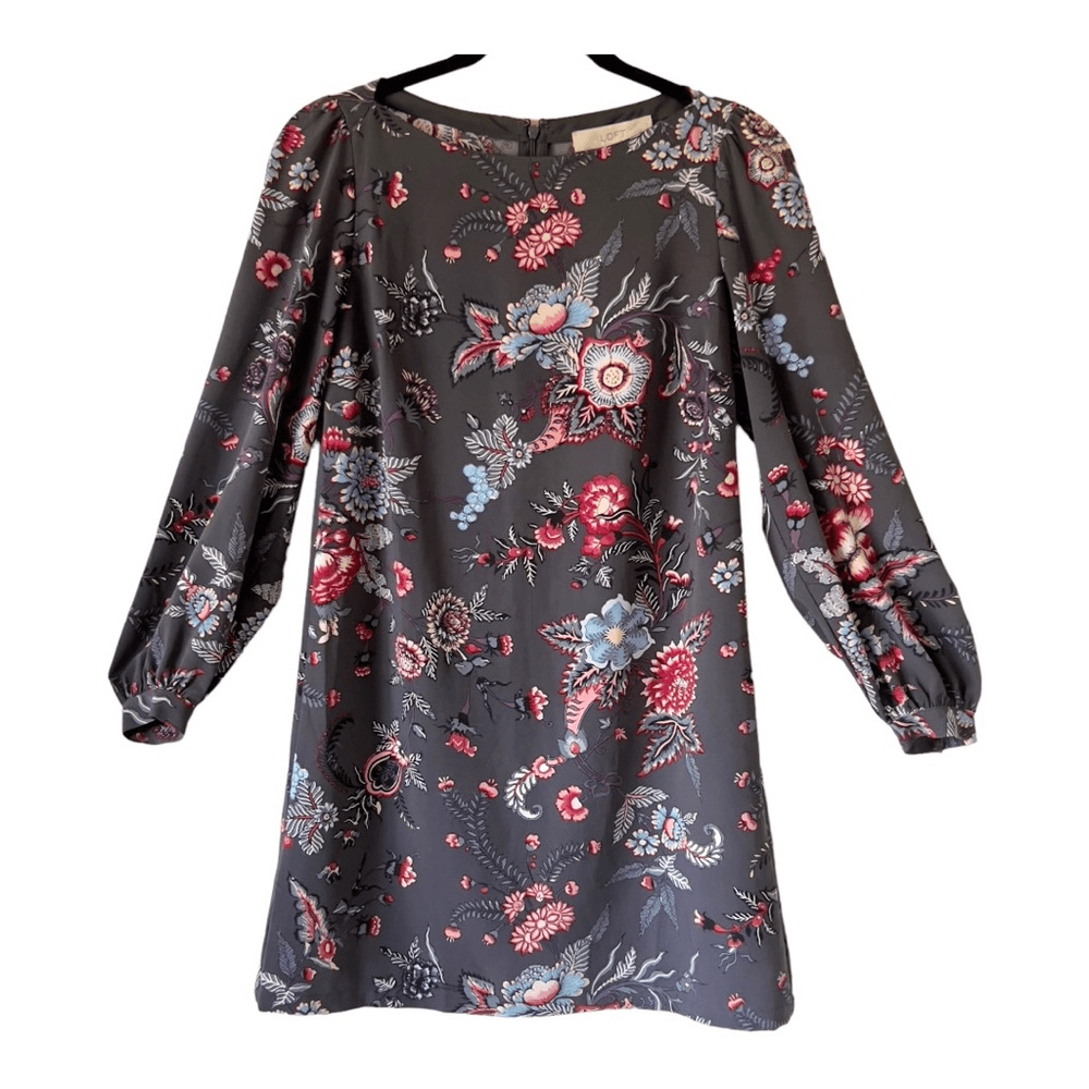 Ann Taylor Loft Dark Gray Long Sleeve Floral Shift Dress Size