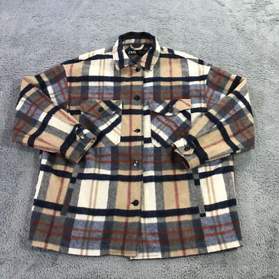 Zara Womens Shirt Medium Blue Jacket Shacket Plaid Wool Blend