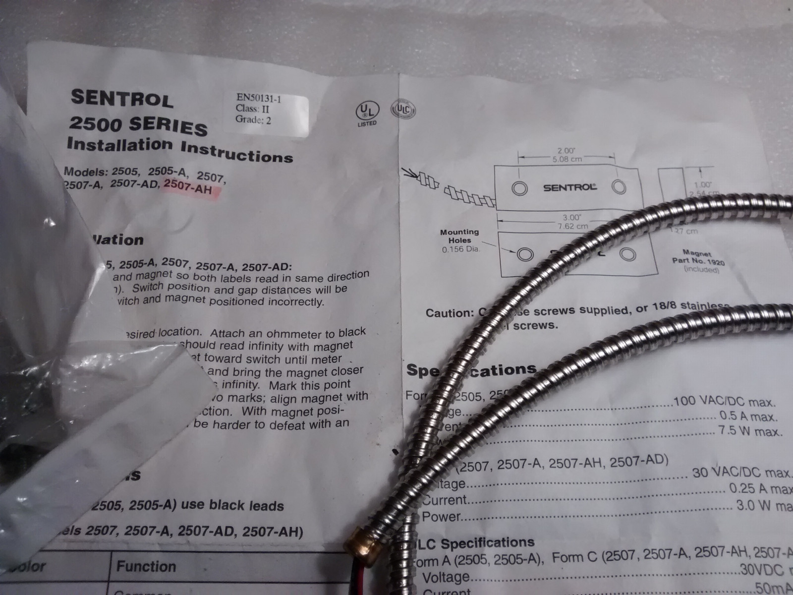 SENTROL 2507-AH Mount Switch and Mounting Bracket *missing magnet ...