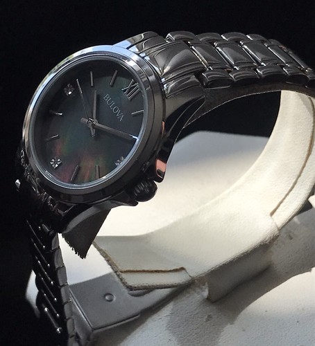 Ladies Genuine Bulova Diamond Gallery Black Mop Designer Watch 96P153 - Picture 3 of 16