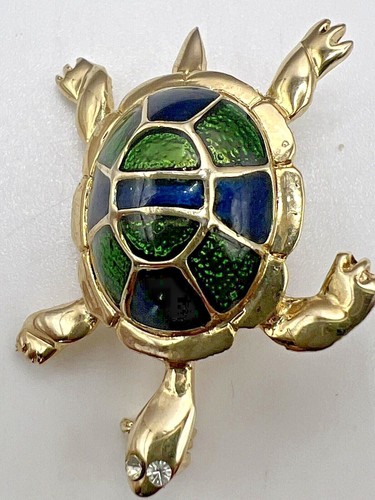 Vintage Tortoise Turtle Blue Green Enamel shell Rhinestone Brooch Pin Gold Tone - Bild 2 von 5