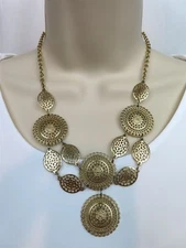 Charming Charlie Filigree Disc Bib Necklace 19" Gold Tone Statement Vintage