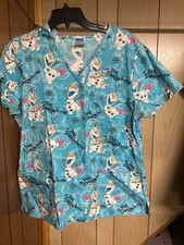 Disney Blue Frozen Olaf Scrub top Large 100 Cotton Short sleeve Front pockets
