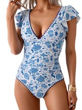 Women's One Piece Ruffle Swimsuit Tummy Control Bathing Suit V Neck Shell Sti...