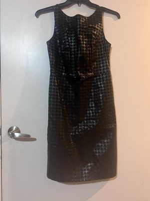 Cache Black Houndstooth Genuine Leather Sheath Dress Sleeveless Size 4