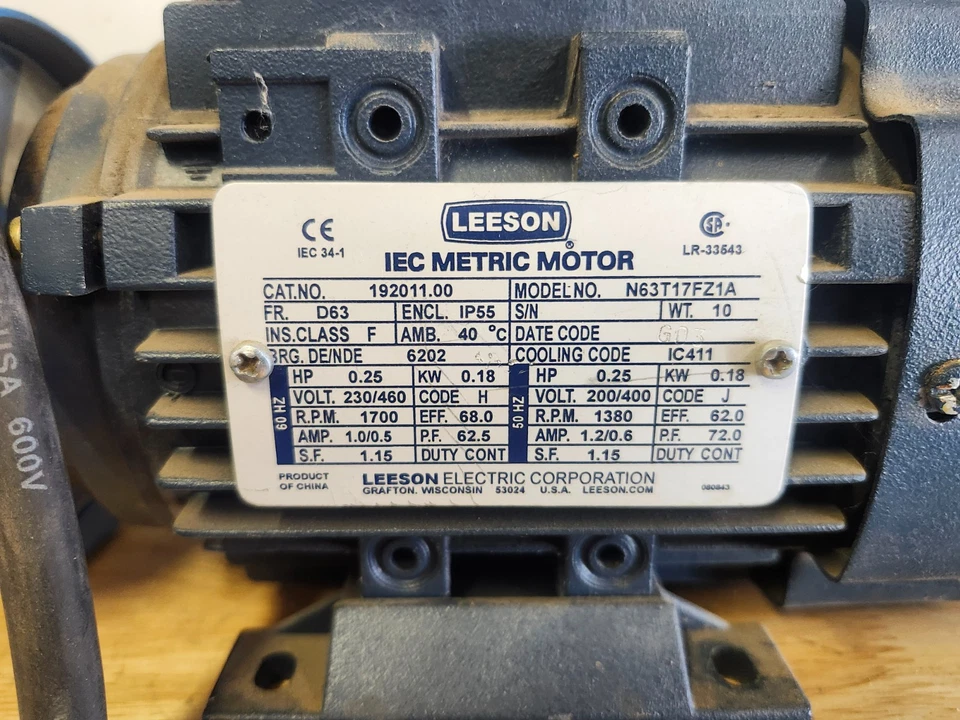 Leeson AC IEC Motor C63T17FZ1C, 0.25 HP, 230/460 VAC, 1700 RPM, D63, 192011.00 - Image 2 of 4