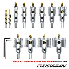 12PCS TCT Hole Saw Kits for Hard Metal, 5/8"-2-1/8" Inch Tungsten Carbide NEW