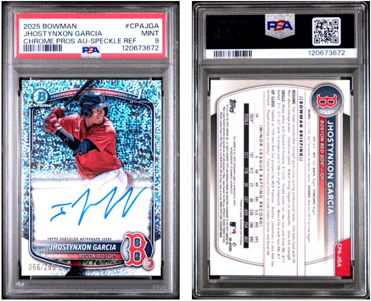 2025 Bowman Chrome Prospect Auto Jhostynxon Garcia CPA-JGA Speckle /299 PSA 9