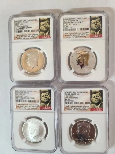 2014 USA 50C President Kennedy Silver Proof High Relief 4 Coin Set NGC PF70/SP70