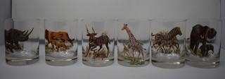 set of 6 wildlife glasses elephant zebra giraffe gazelle lion rhino excellnt con