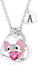 Axolotl Necklaces Gifts for Girls, 14K Gold Plated CZ Heart Initial Pendant Axol