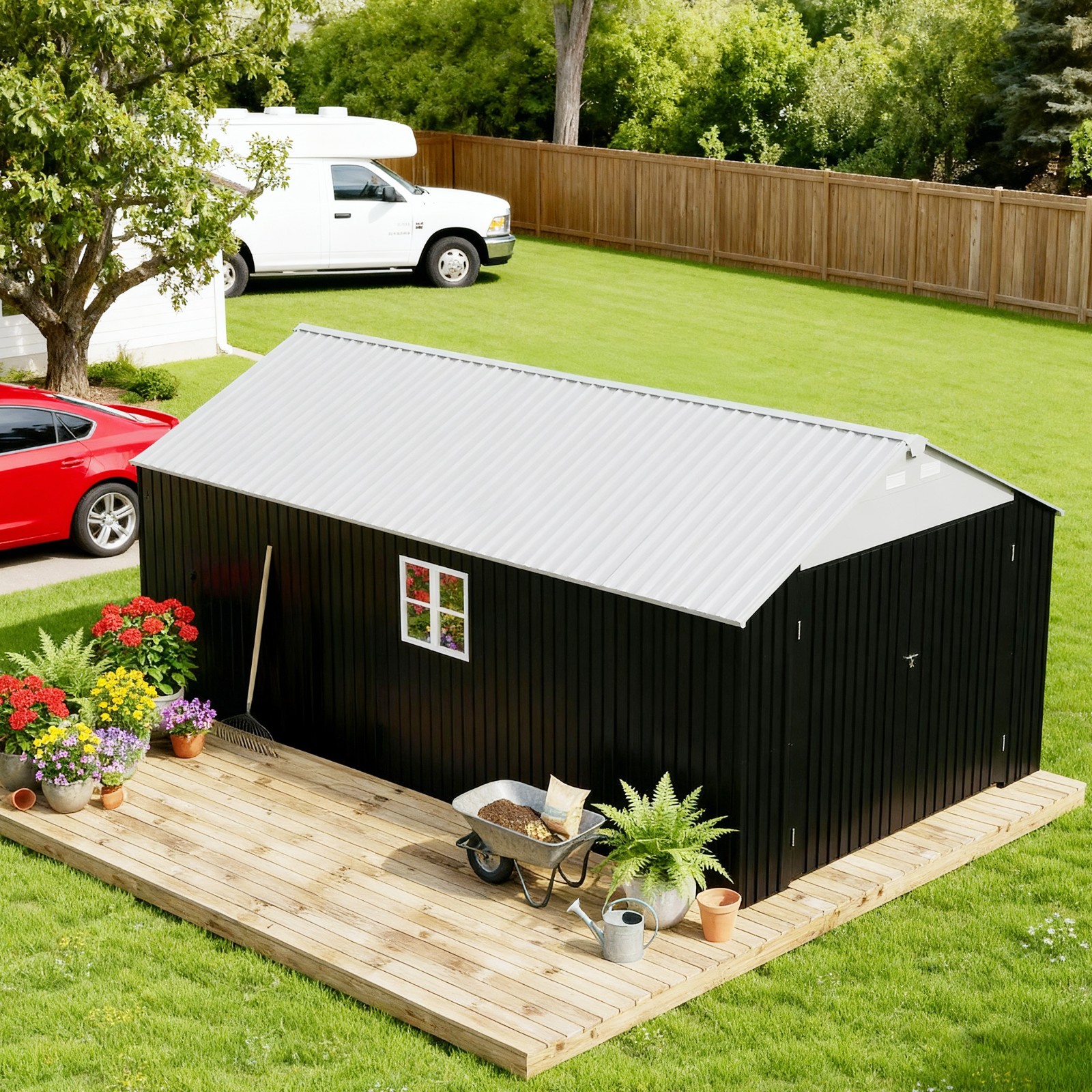 12 x 20 ft Metal Outdoor Storage Garden Tool Steel Shed with  Doors and Windows