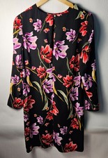 M&S Floral Shift Dress UK 14 Black Pink Red Long Sleeve Knee Length