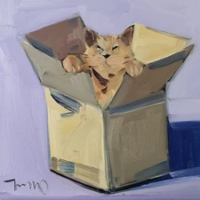 Charming Cat in Cardboard Box Canvas Art PRINT Painting By Artist Jose Trujillo