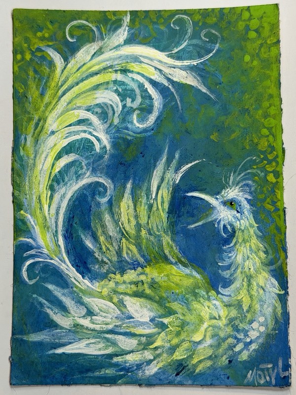 ACEO  Fancy Bird Feathers Turquoise Green original painting MOTYL