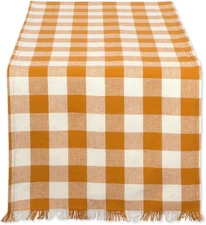 DII Heavyweight Fringed Check Tabletop Table Runner, 14x72, Pumpkin Spice 