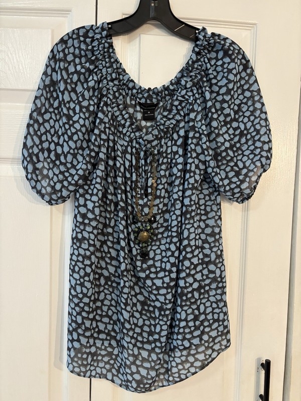 Moda, Blue And Black Flowing Fabric Peasant Top With Beaded Neckline SZ M
