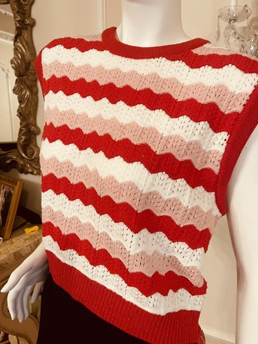 MILLY Seashell Scalloped-knit Jumper Vest Tomato Ecru Blush Size L - Picture 4 of 12