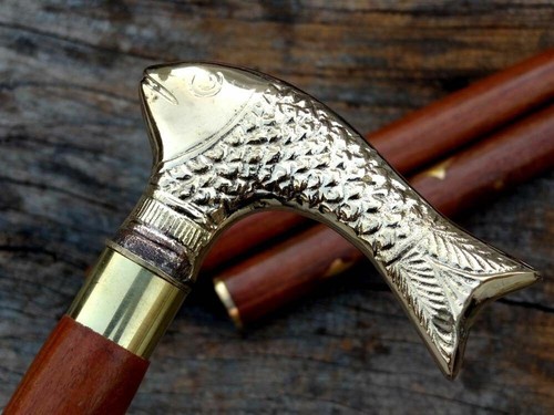 Vintage Antique Brass Fish Head Handle Victorian Wooden Walking Stick Cane Gift