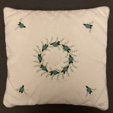 Vintage Handmade Floral Pillow with Aqua Teal Embroidery 14" x 14"