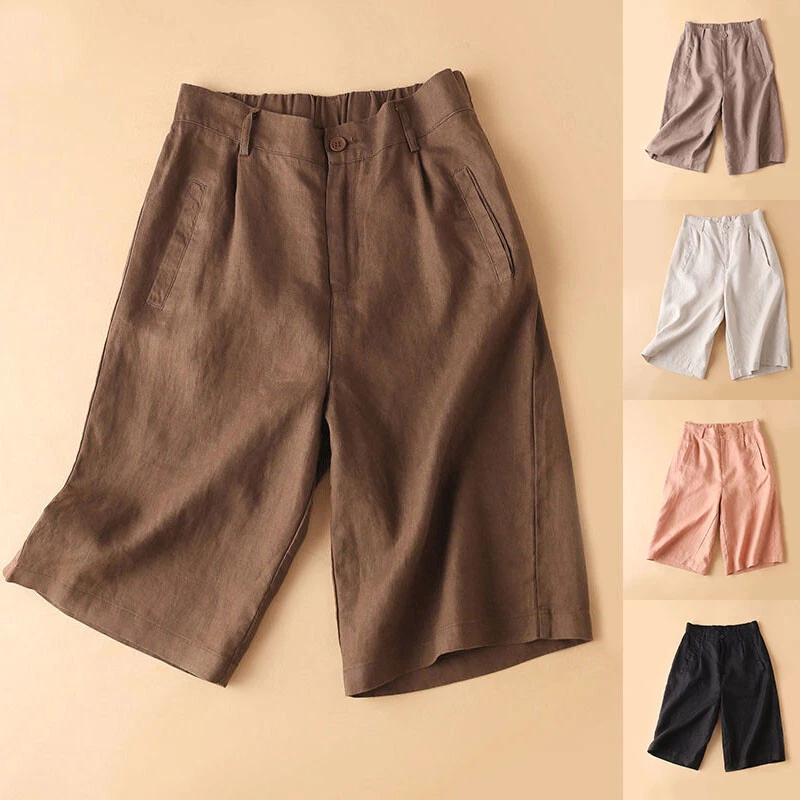 Ladys Cotton Linen Long Shorts Knee Length with Pockets Lightweight Loose Casual
