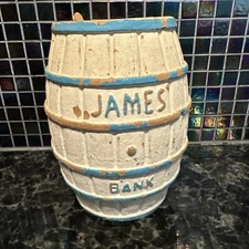 JAMES CANDY SALT WATER TAFFY BARREL BANK VNTG PAPER MACHE  7” ATLANTIC CITY USA