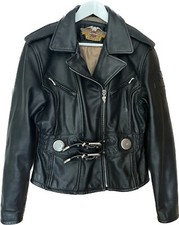 Ladies Harley Davidson Black Leather Biker Jacket Embossed Embroidery Size M
