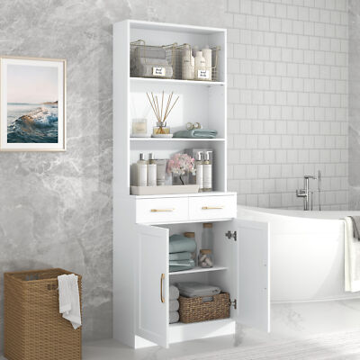 Bathroom Storage Cabinet with Two Doors & Drawers, Adjustable 3 layer Open Shelf