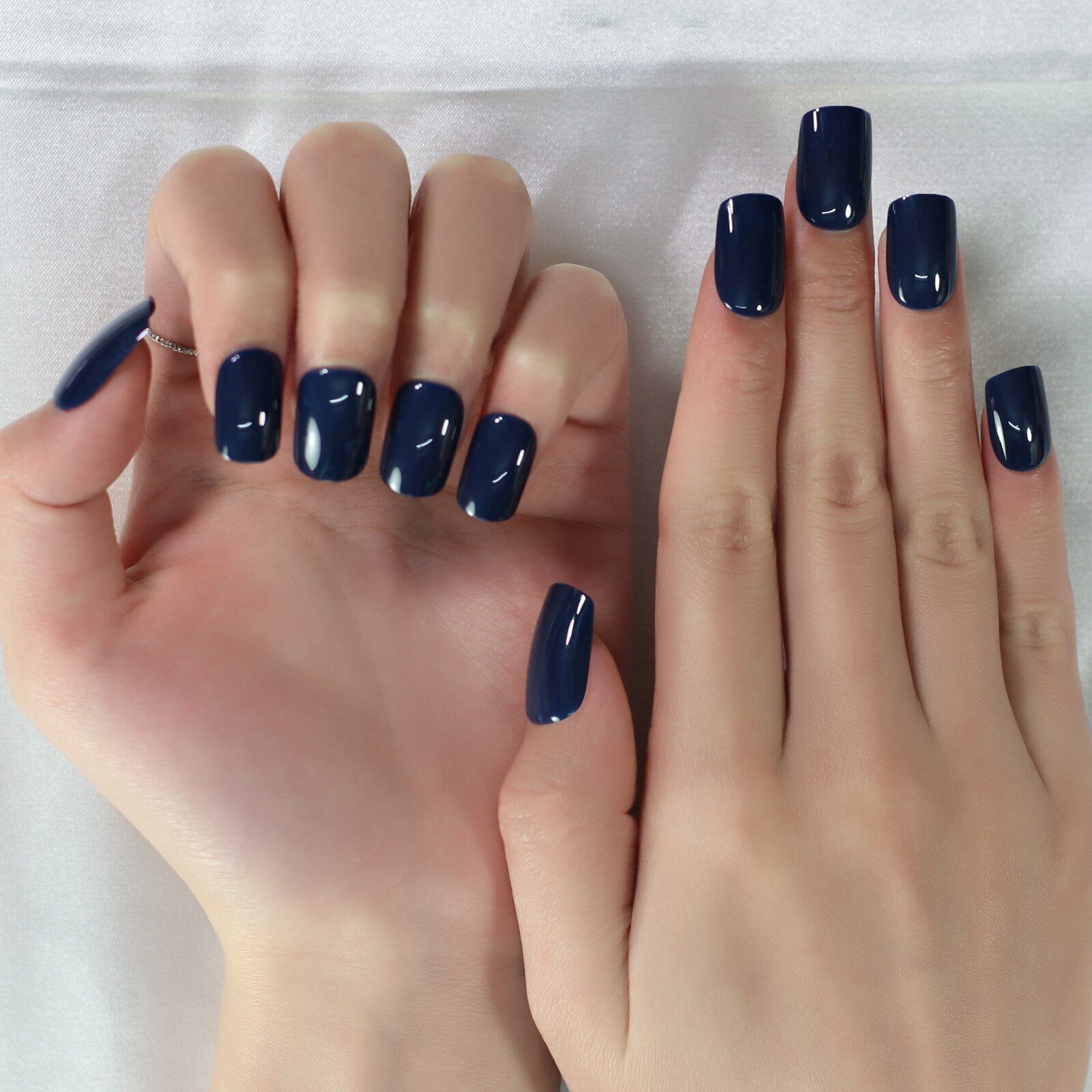 Glossy Full Cover Fingernails Dark Blue UV Gel Fake Nails Art High Light  Squoval | eBay