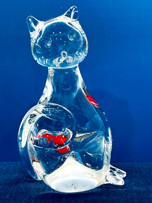 Cute Clear Art Glass Figurine Cat with Red Fish Inside Paperweight Tall 6''