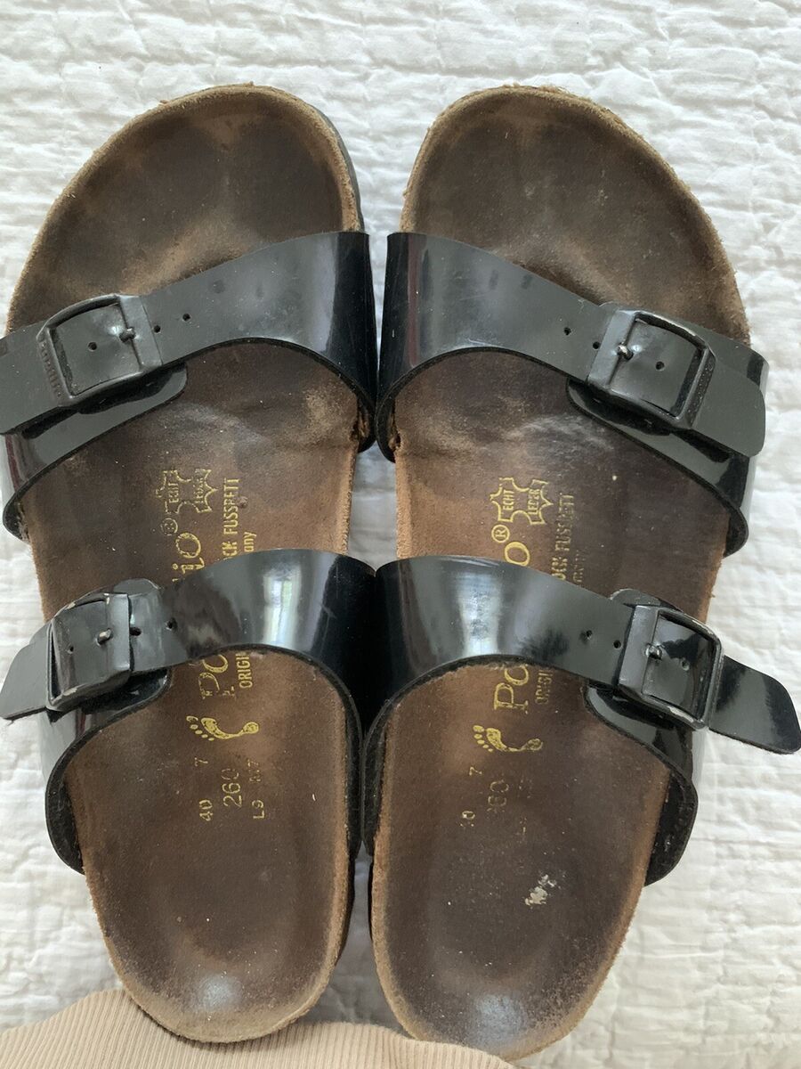 Papillon By Birkenstock 2 Strap Vintage Black Patent Sandal Papillon By Birkenstock 2 Strap Vintage Black Patent Sandal