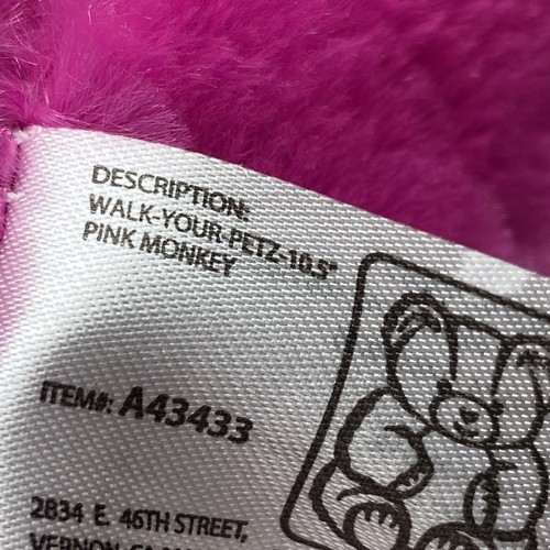 Fiesta Walk Your Petz Pet Pink Monkey Soft Plush Stuffed Animal 10" Long - Picture 10 of 16