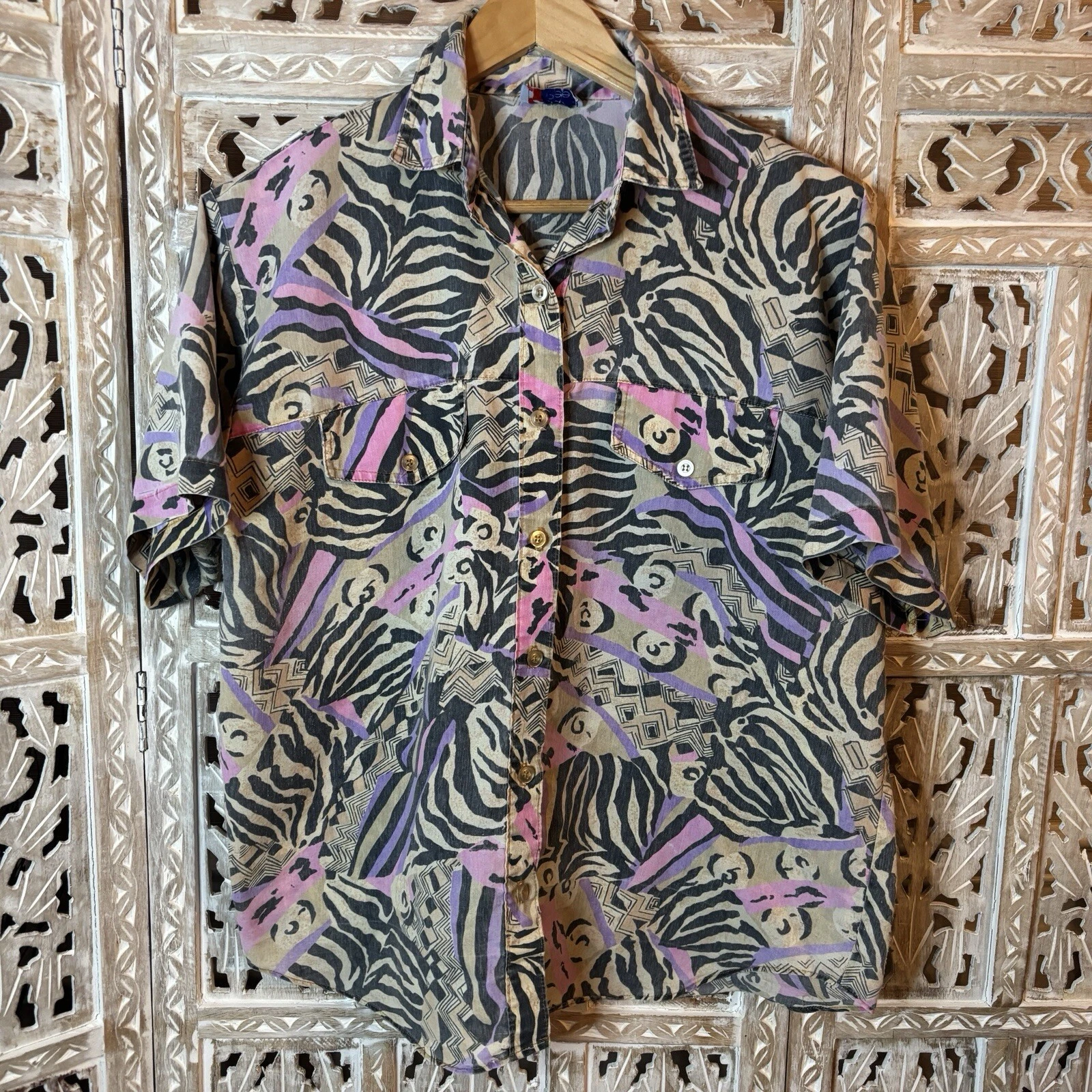Vintage Unisex Multi Color Pastel Geometric Animal Print Button Front Shirt