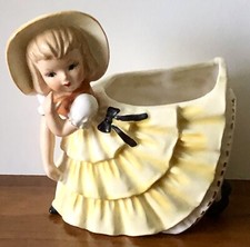 Vintage Relpo Ceramic Girl Big Ruffled Yellow Dress Bonnet Hat K756 Planter Vase