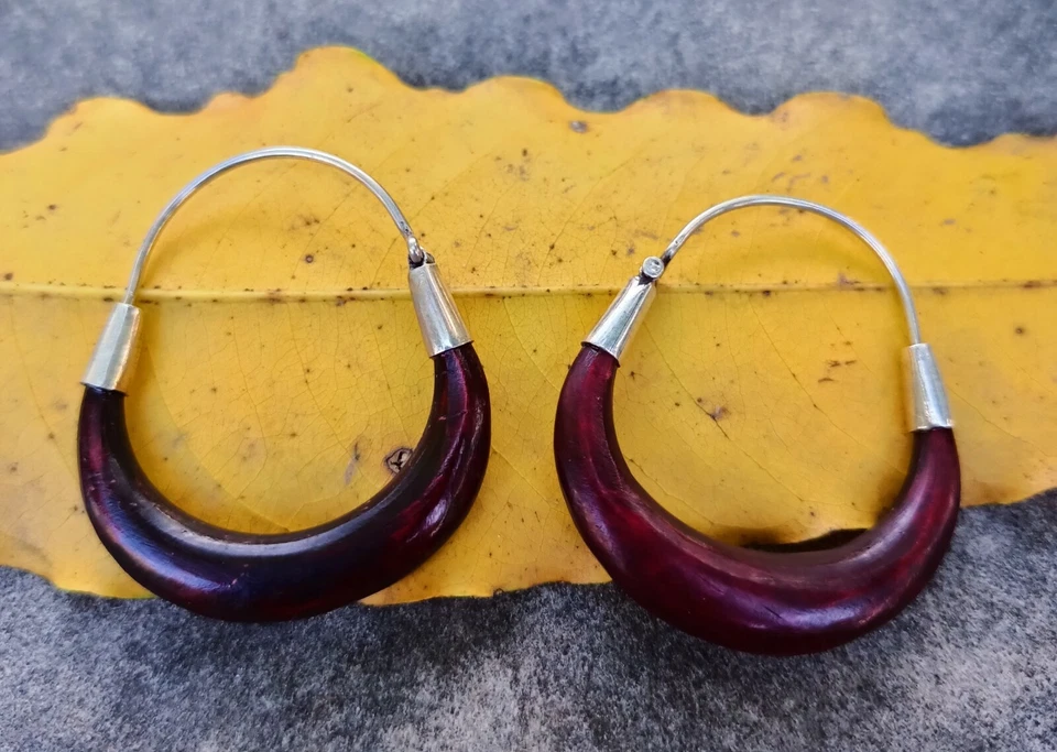 Hermosos pendientes artesanales de plata de ley con aro de madera para joyería envío gratuito Foto 2 de 4