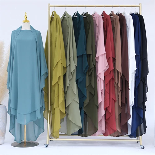 Two Layers Muslim Ramadan Women Large Khimar Hijab Niqab Burqa Tops Kaftan Dress