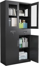 Heavy-Duty Steel Cabinet 71''Metal Storage Cabinet Glass Locking Doors Office